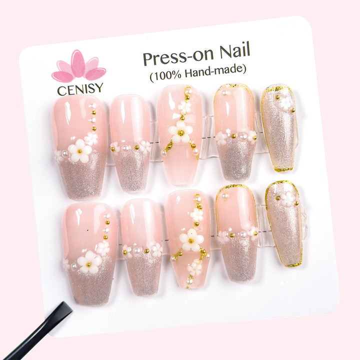 Pink Coffin Long Cat Eye With Cute Hand Painted Flower Press on Nails ED-A507