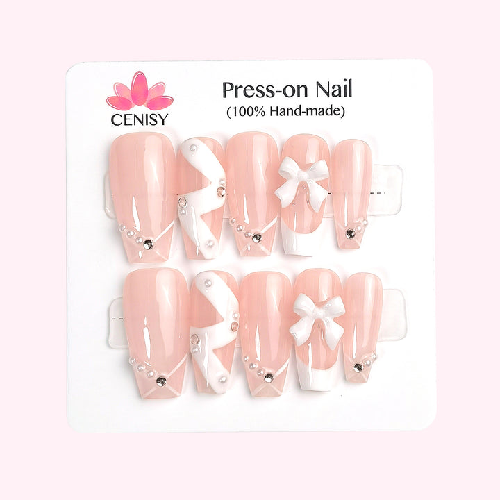 Onlay Coffin Hand Drawing Press on Nails Pale Pink Long ED-A514