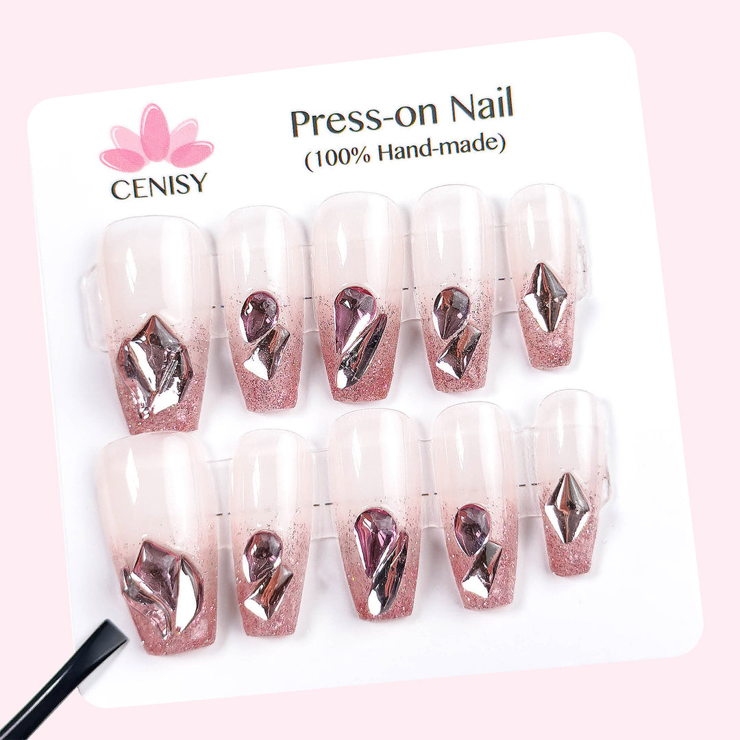 Pink Gradient Onlay Coffin Long Press on Nails With Pink Diamonds ED-A523