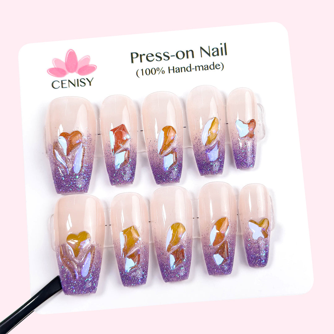 Pale Purple Onlay Coffin Long Press on Nails With Aurora Diamonds ED-A527