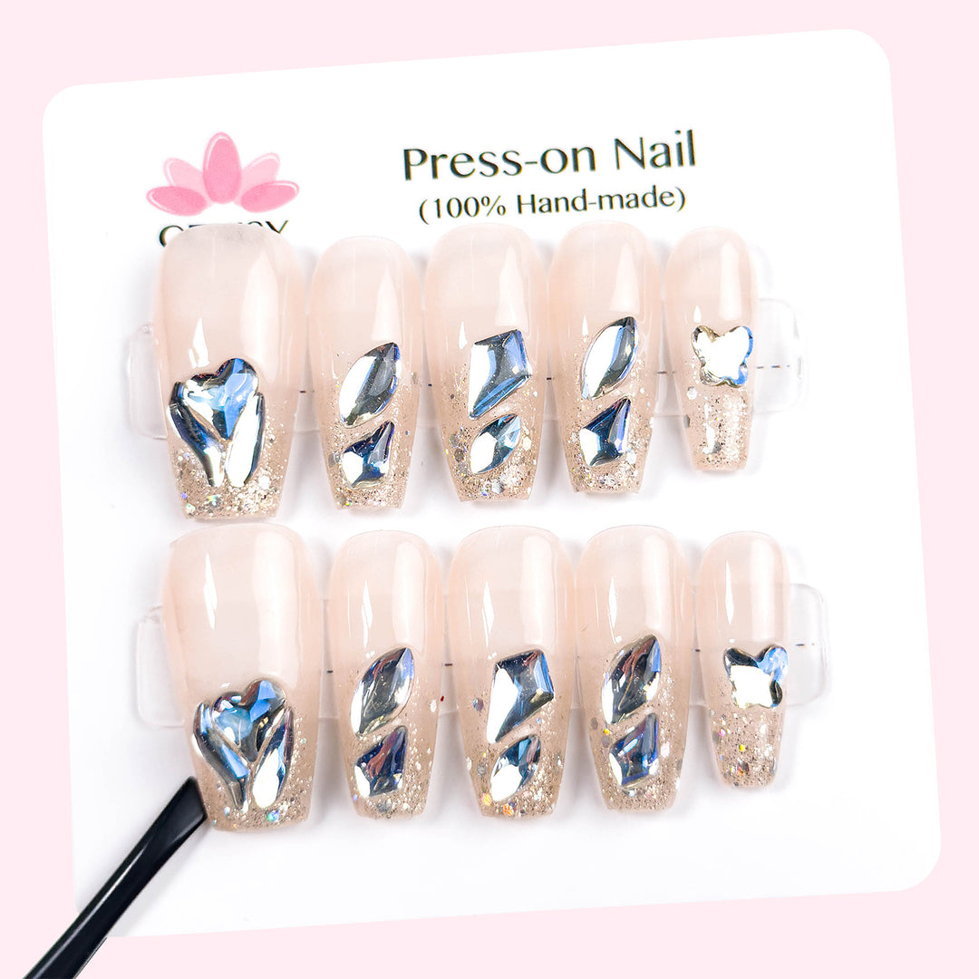 Pink Onlay Coffin Long Press on Nails With Ice Blue Aurora Diamonds ED-A528