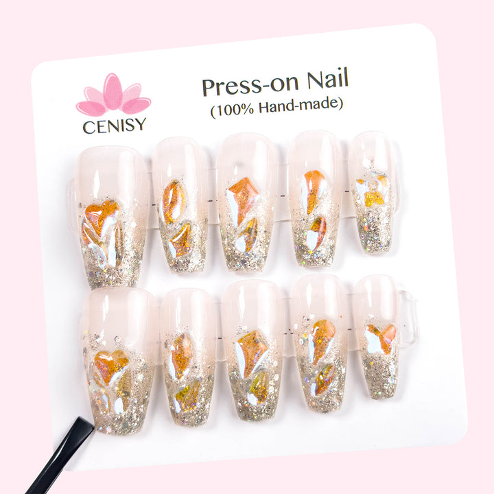 Skin Pink Onlay Coffin Long Press on Nails With Aurora Diamonds ED-A529