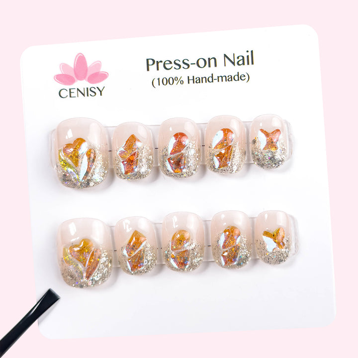 Skin Pink Onlay Oval Short Press on Nails With Aurora Diamonds ED-A534