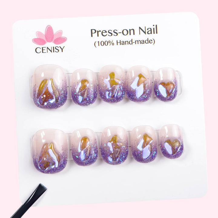 Pale Purple Onlay Oval Short Press on Nails With Aurora Diamonds ED-A536