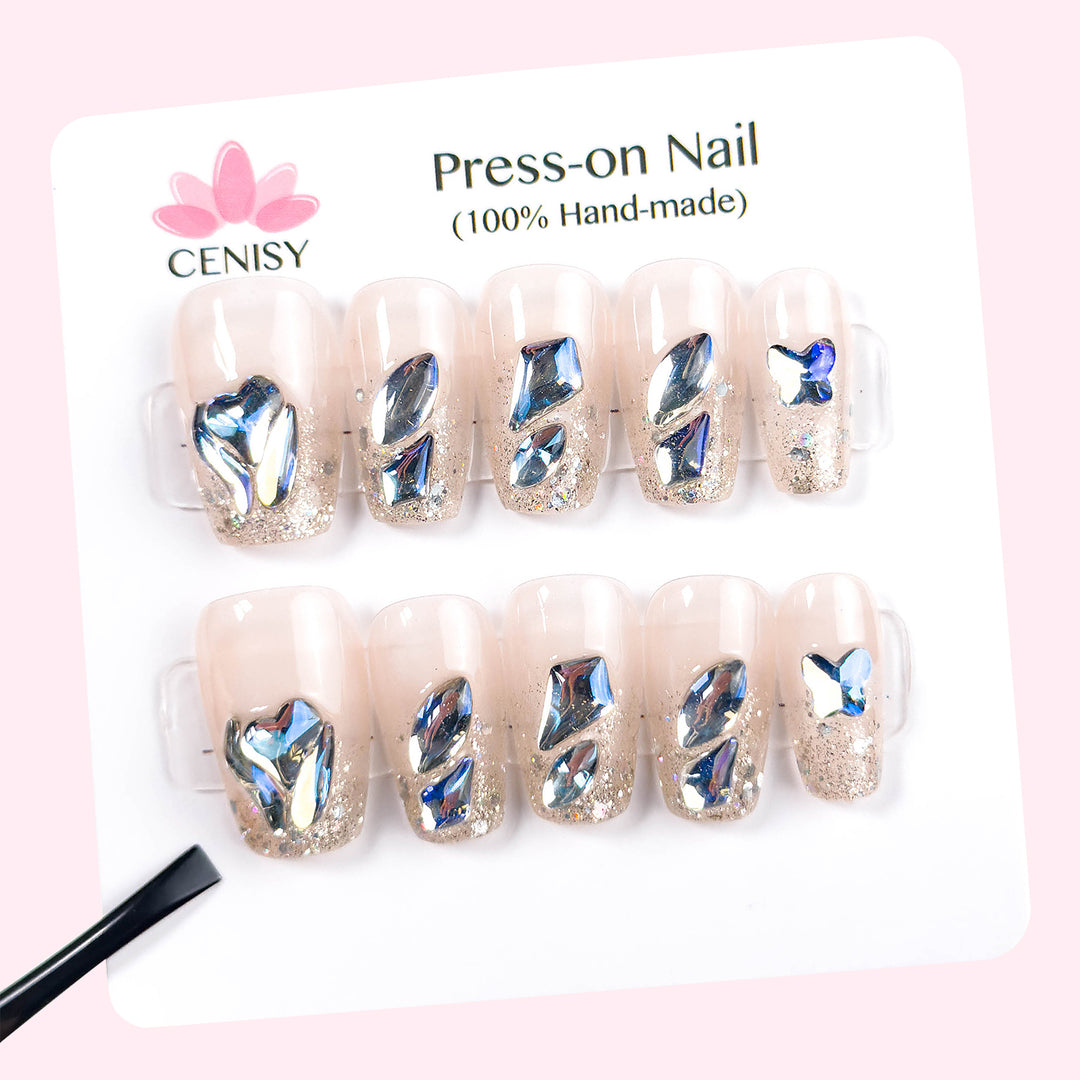 Pink Onlay Coffin Medium Press on Nails With Ice Blue Aurora Diamonds ED-A539