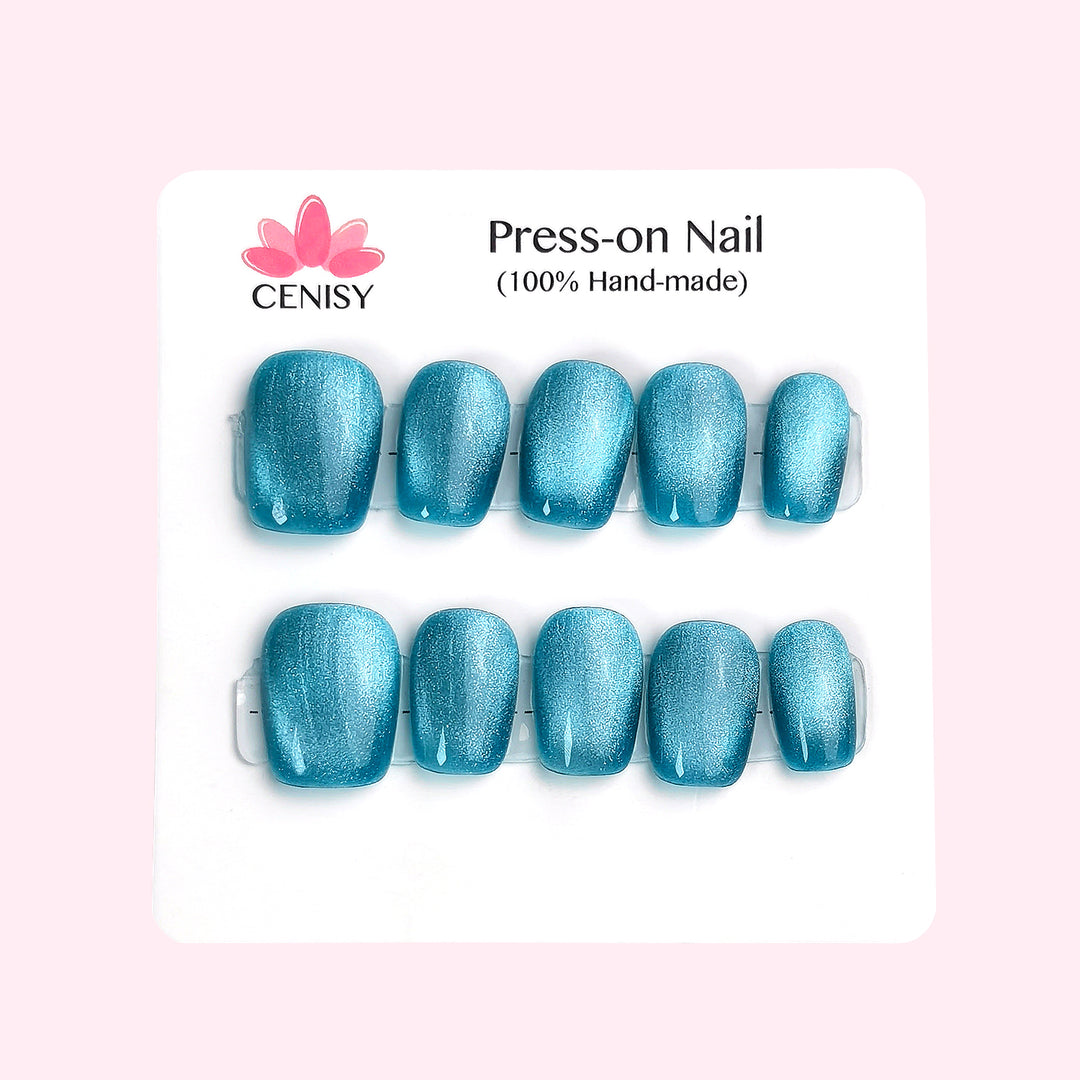 Cat Eye Squoval Press on Nails Blue Short ED-A544