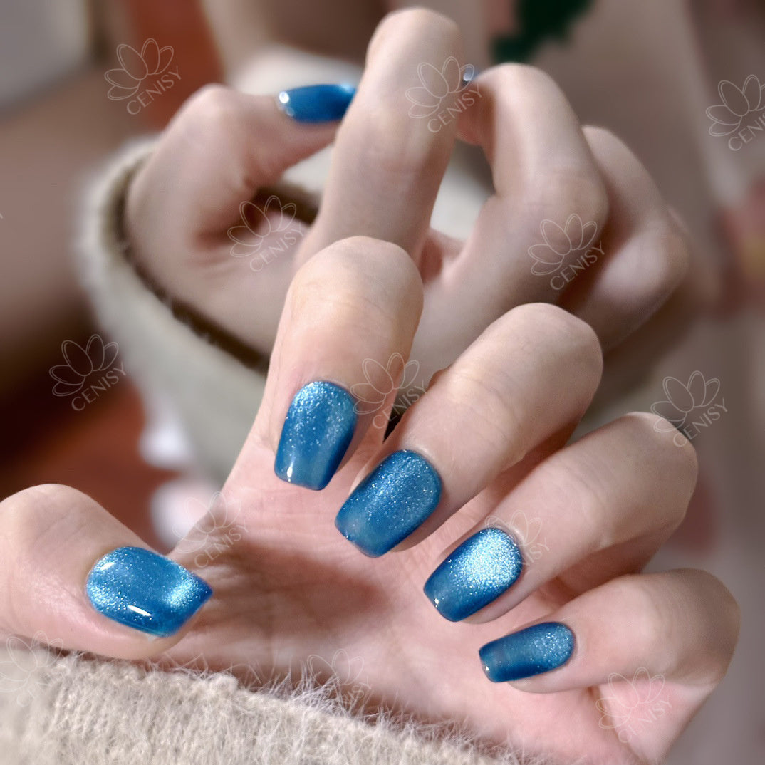 Cat Eye Squoval Press on Nails Blue Short ED-A544