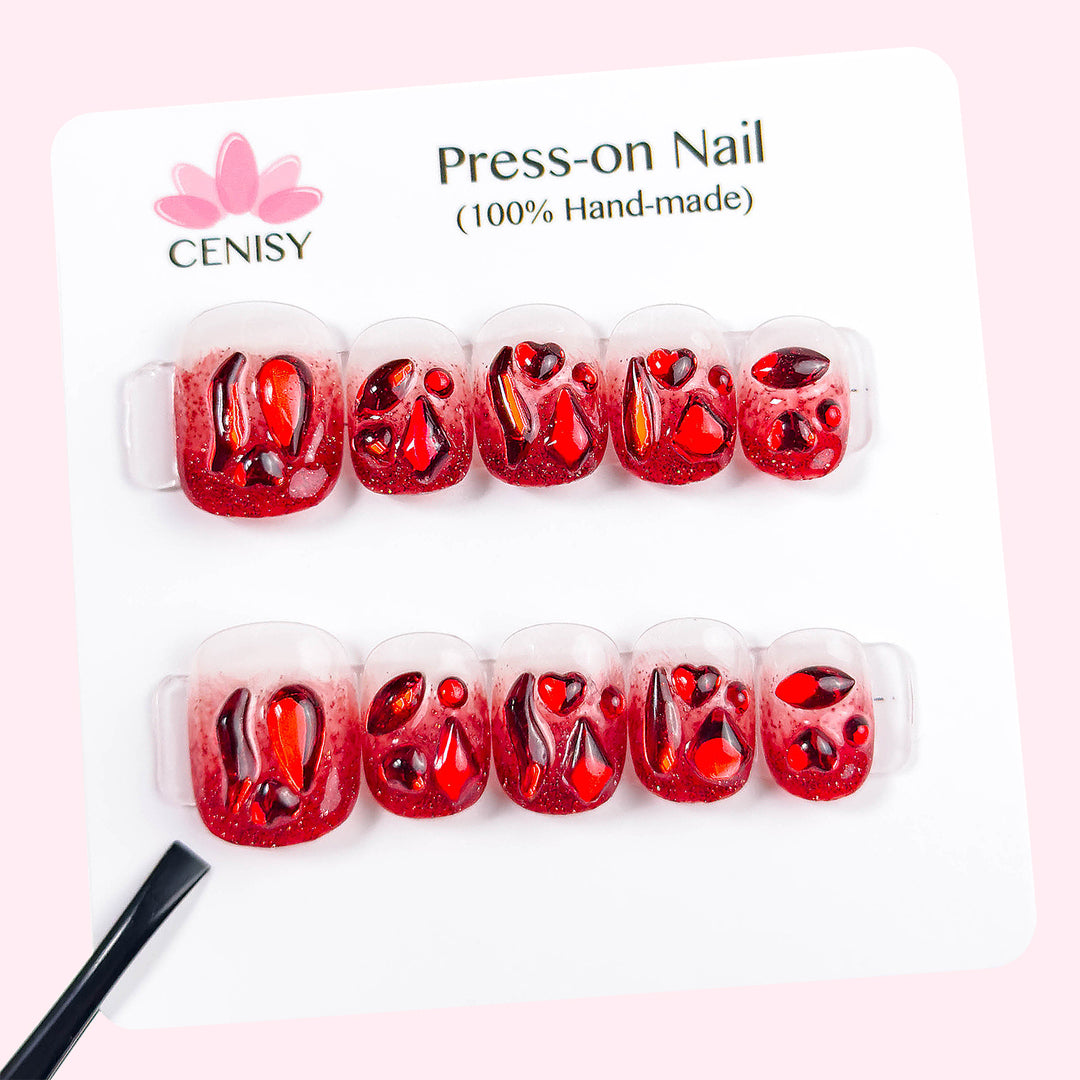 Red Gradient Onlay Oval Short Press on Nails With Diamonds ED-A6106