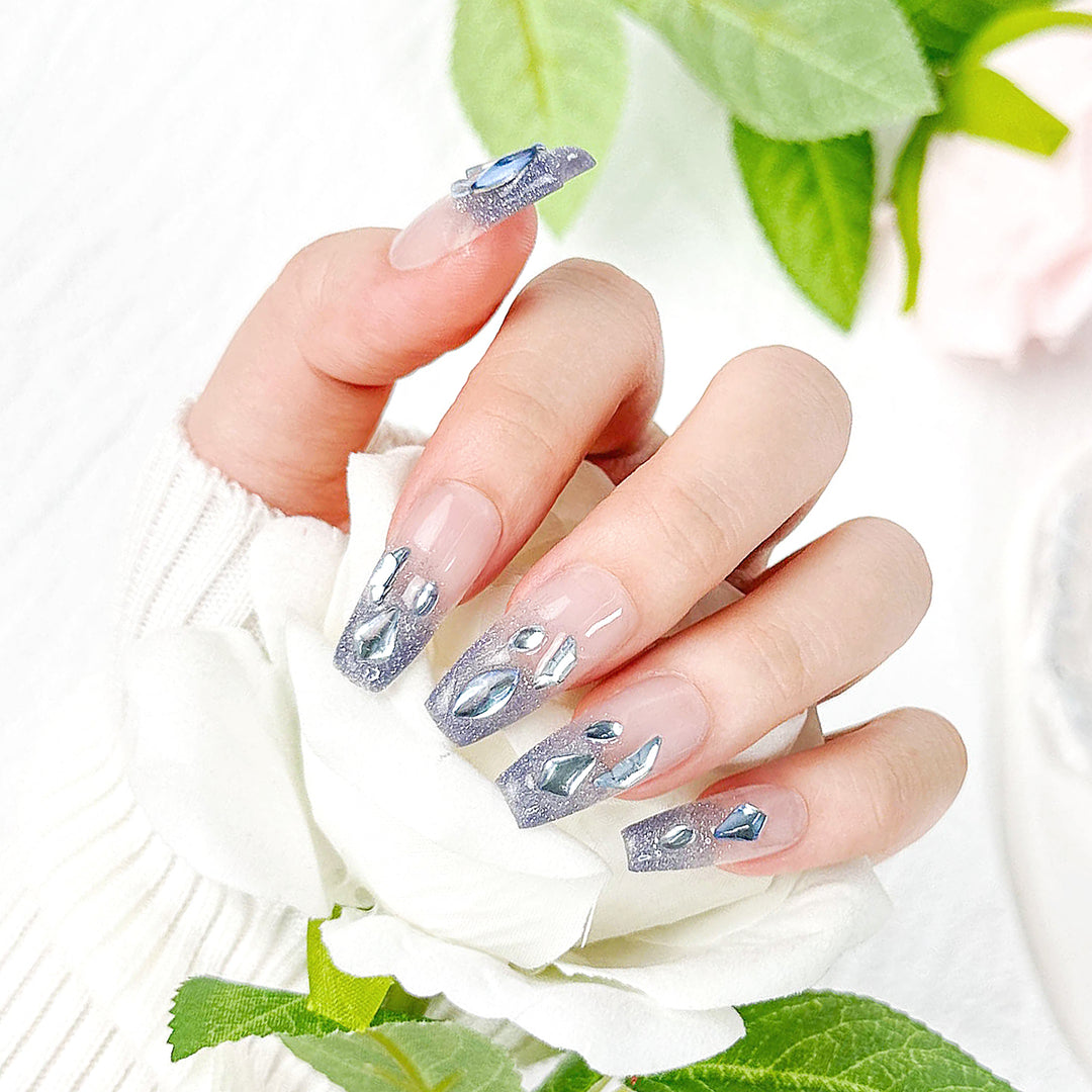 Blue Elf Onlay Coffin Long Press on Nails With Diamonds ED-A6107