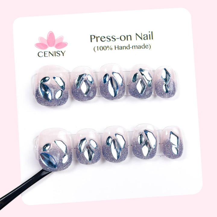 Blue Elf Onlay Coffin Long Press on Nails With Diamonds ED-A6108