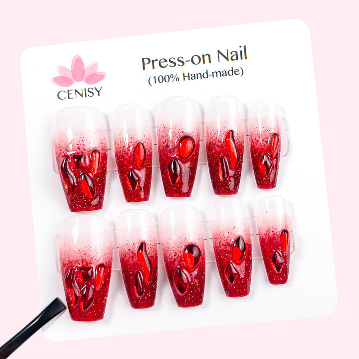 Red Gradient Onlay Coffin Long Press on Nails With Diamonds ED-A6129
