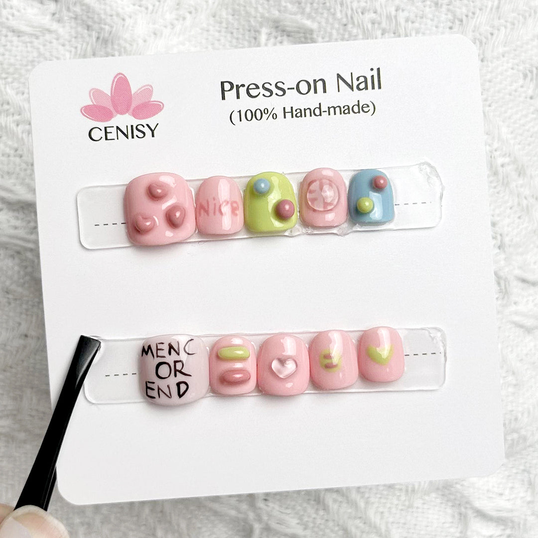Pink Dopamine Press on Nails Kit Hand Painted Squoval Baby Size ED-A905B