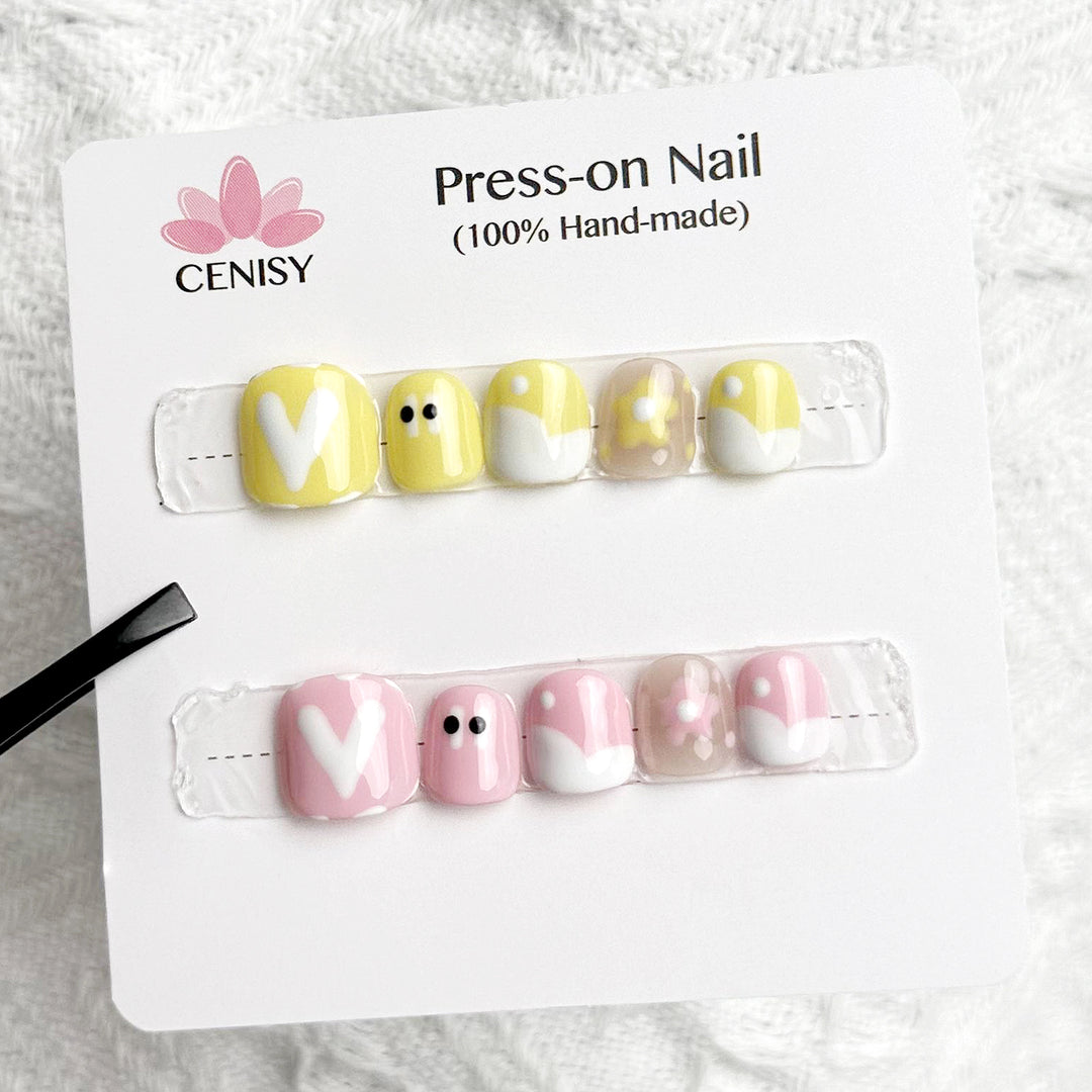AB Cute Press on Nails Kit Yellow and Pinky Hand Painted Squoval Baby Size ED-A907B