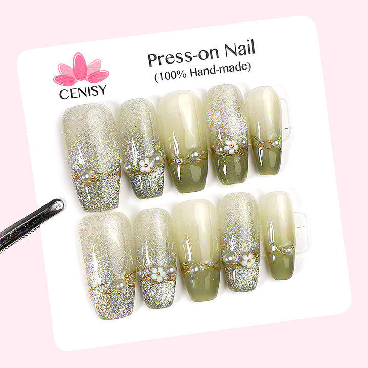 Green Beaded Floret Cat Eye Coffin Press on Nails Long ED-A9193