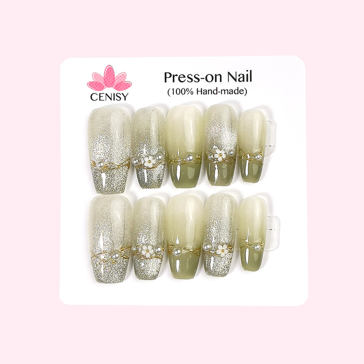 Green Beaded Floret Cat Eye Coffin Press on Nails Long ED-A9193