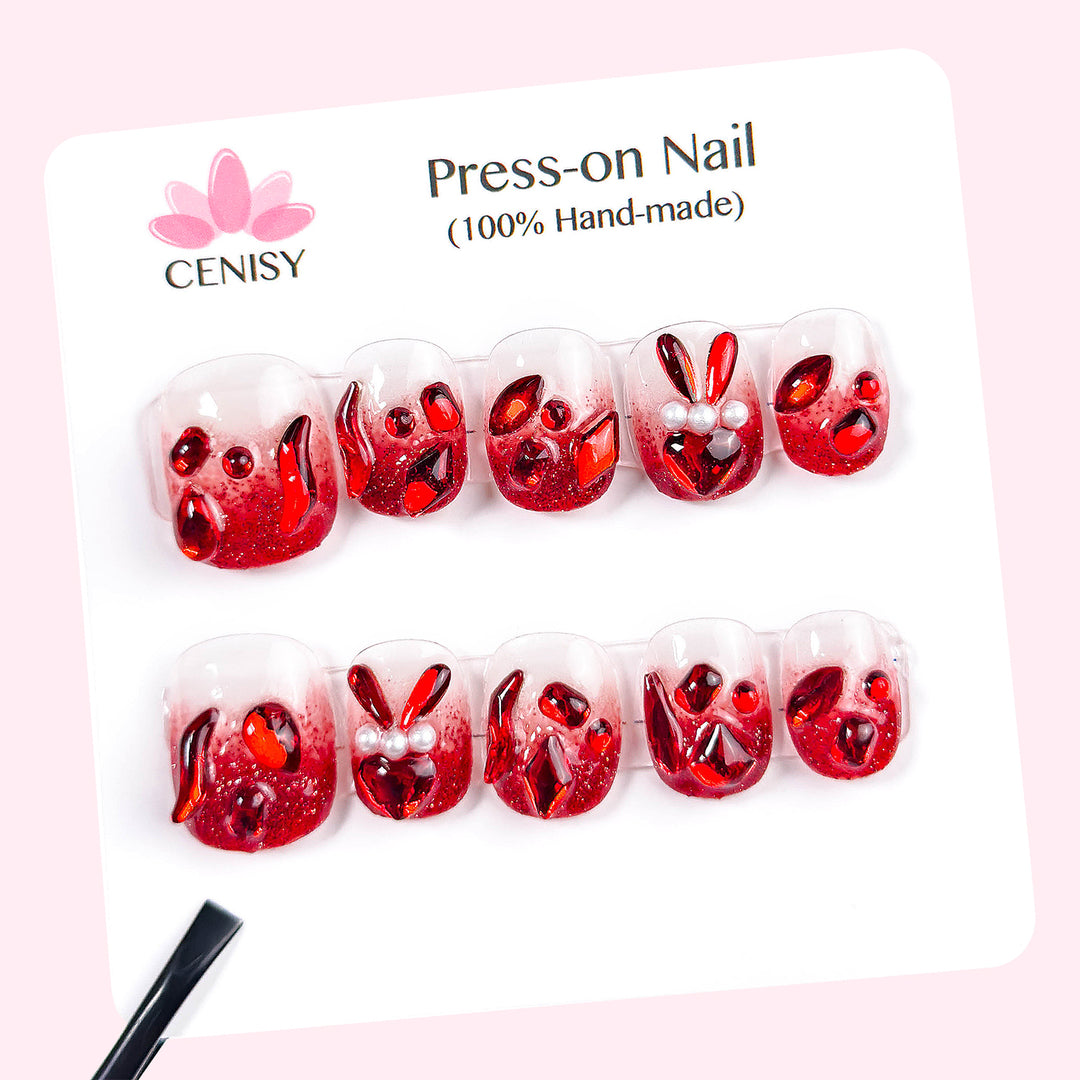Red Rabbit Onlay Oval Short Press on Nails With Diamonds ED-A9209