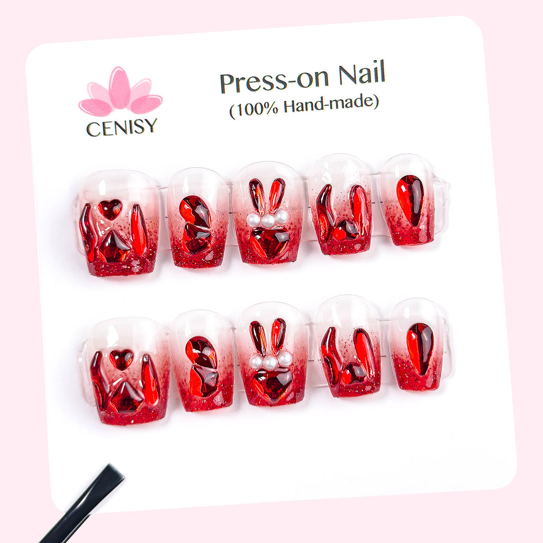 Red Rabbit Onlay Coffin Short T Press on Nails With Diamonds ED-A9216