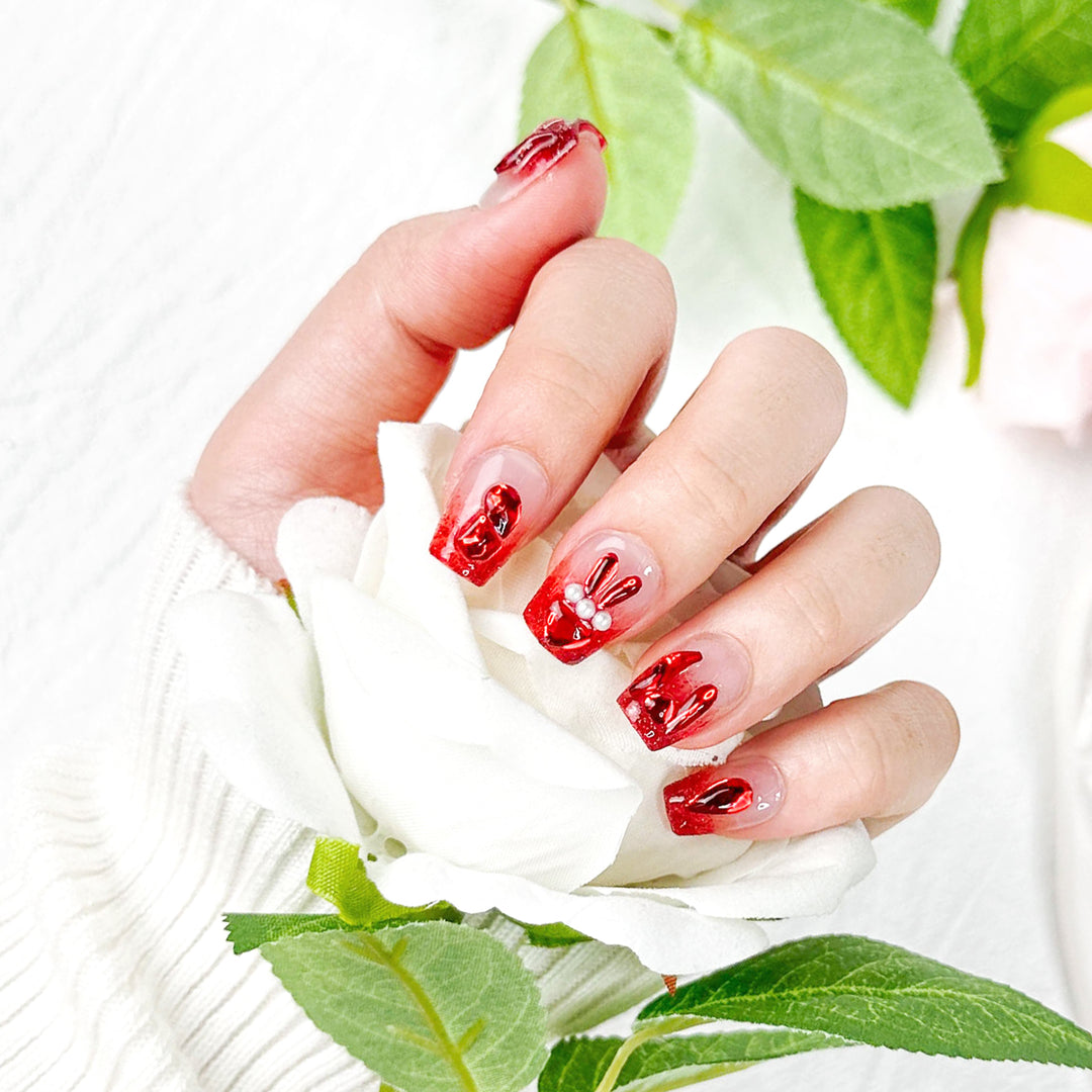 Red Rabbit Onlay Coffin Short T Press on Nails With Diamonds ED-A9216