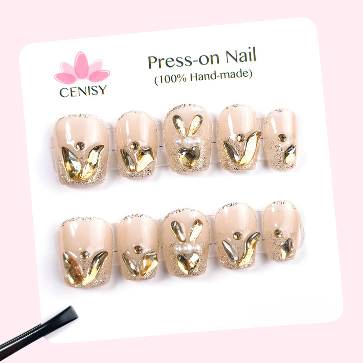 Gold Rabbit Onlay Coffin Medium Press on Nails With Diamonds ED-A9219