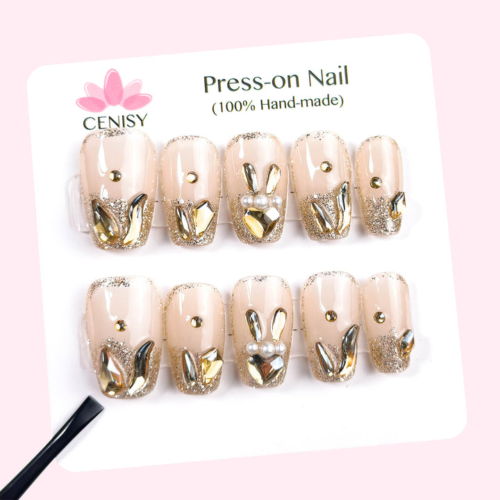 Gold Rabbit Onlay Coffin Short Press on Nails With Diamonds ED-A9220