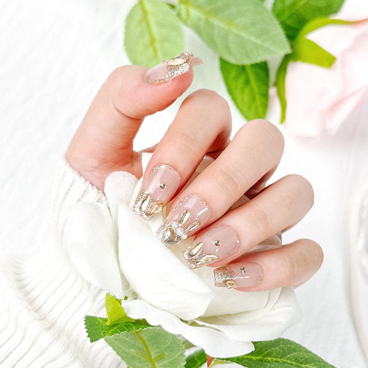 Gold Rabbit Onlay Coffin Short Press on Nails With Diamonds ED-A9220
