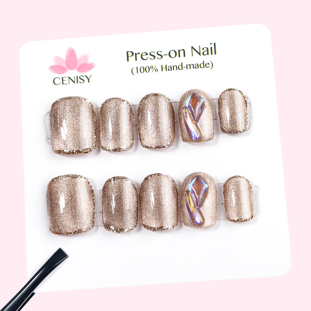 Brown Glitter Onlay Squoval Short Press on Nails With Aurora Diamonds ED-A9224