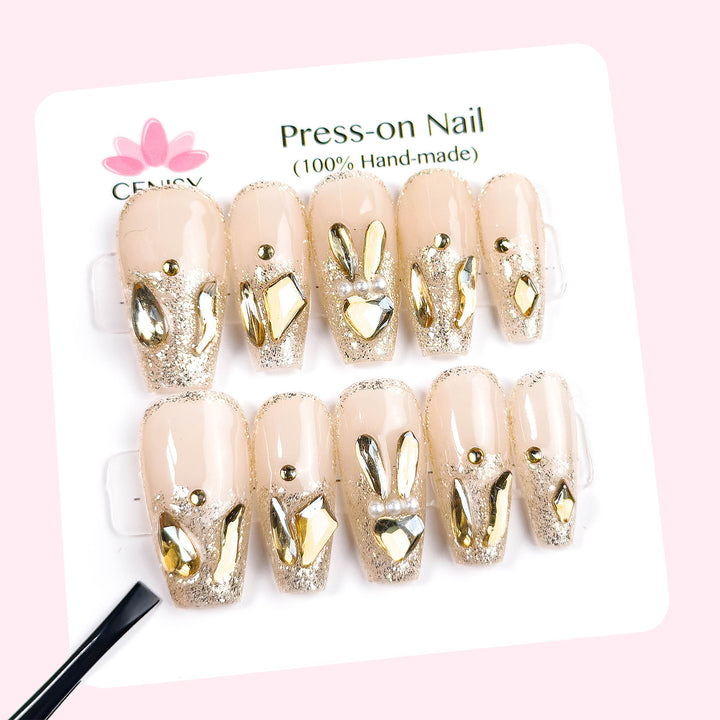 Gold Rabbit Onlay Coffin Long Press on Nails With Diamonds ED-A9233