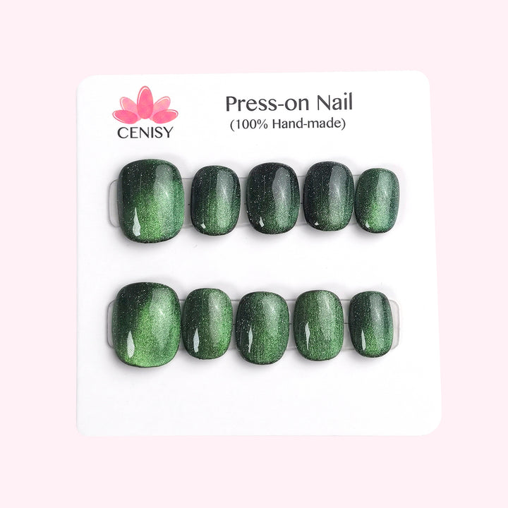 Forest Green Cat Eye Oval Press on Nails Short ED-A9280