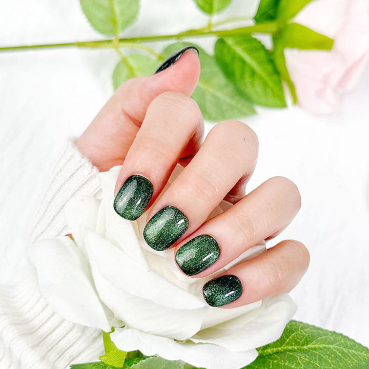 Forest Green Cat Eye Oval Press on Nails Short ED-A9280