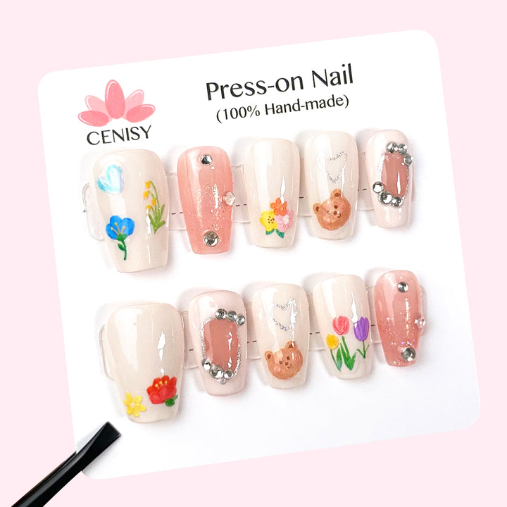 Pink Bear And Flower Hand Painted Cute Coffin Medium Nails ED-A9286