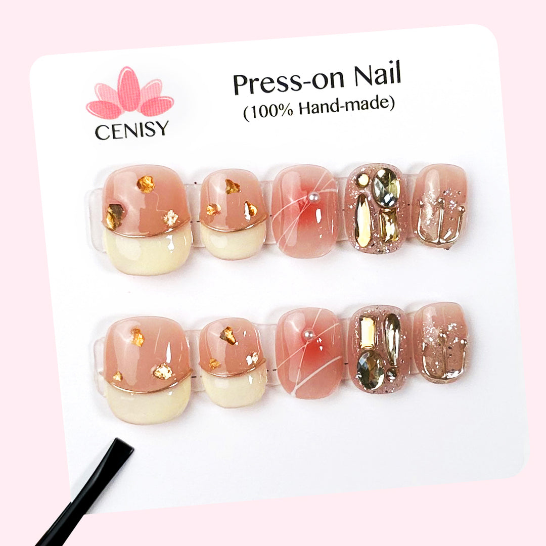 Pink Short Cute Cream Ring Oval Nails With Diamonds ED-A9301