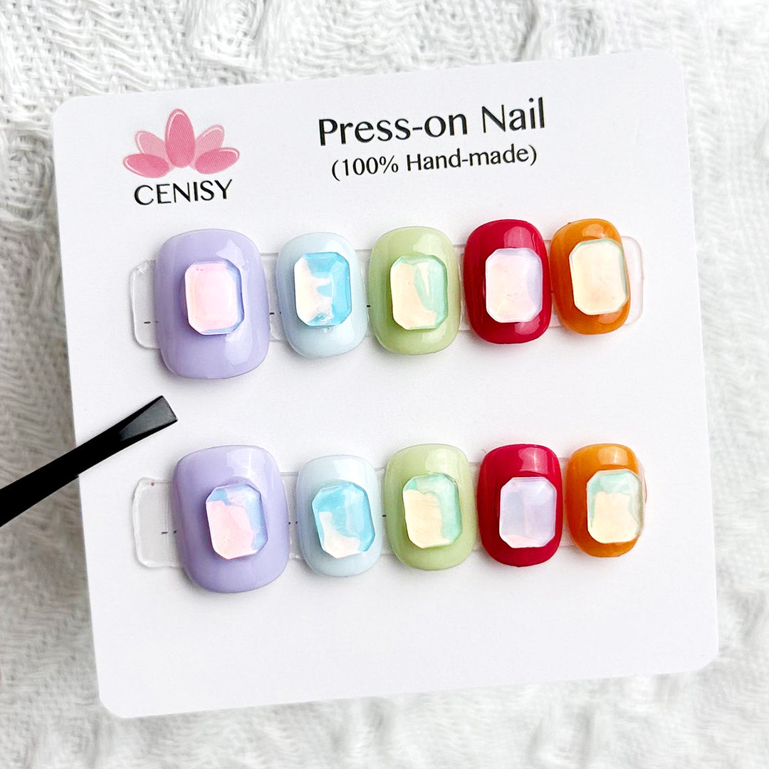 Rainbow Candy Squoval Short Color Jumping Press on Nails Kit ED-A9353
