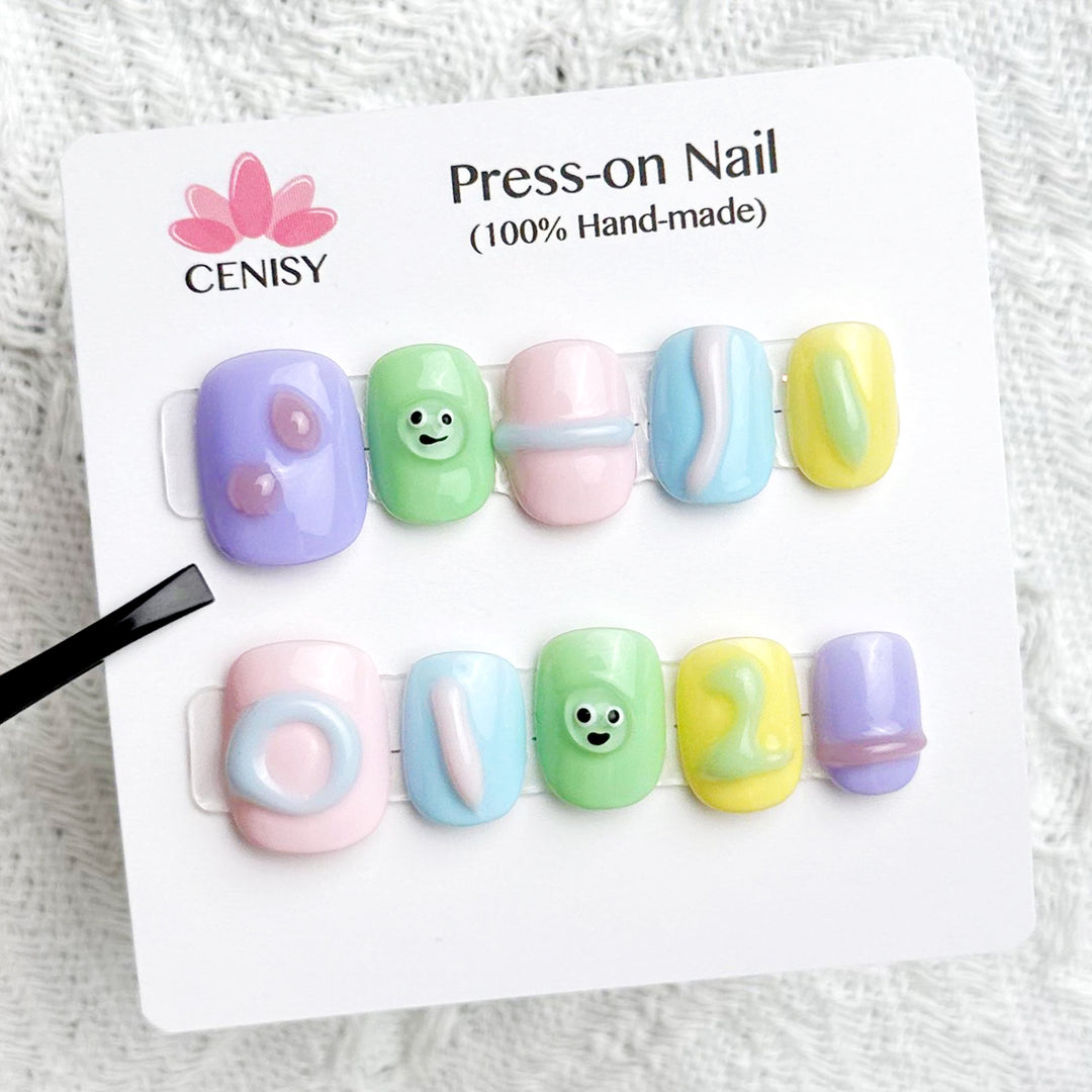 Hand-Drawn Candy Party Squoval Short Color Jumping Press on Nails Kit ED-A9367