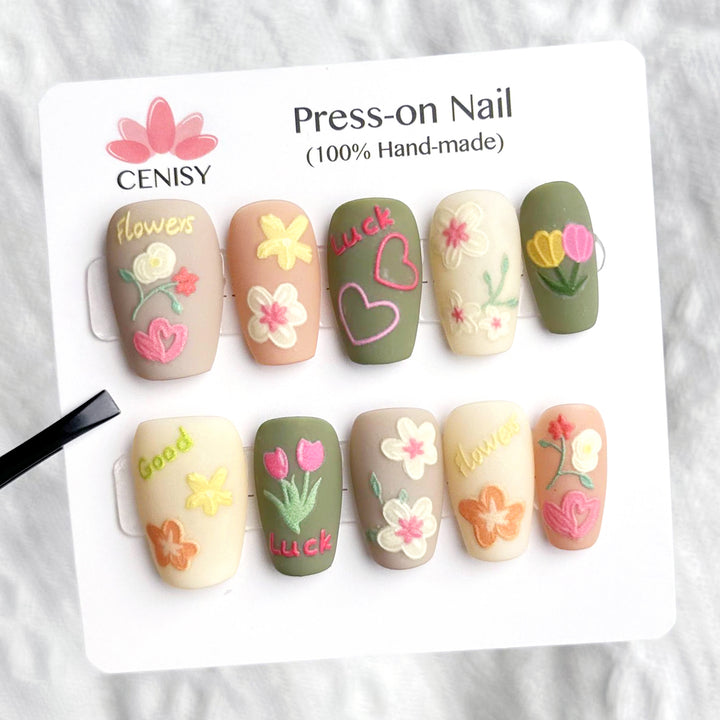 Frosted Hand-Drawn Flowers Coffin Medium Color Jumping Press on Nails Kit ED-A9371