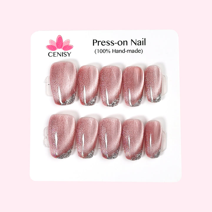 Light Pink With Silver Cat Eye Coffin Press on Nails Medium ED-A9373