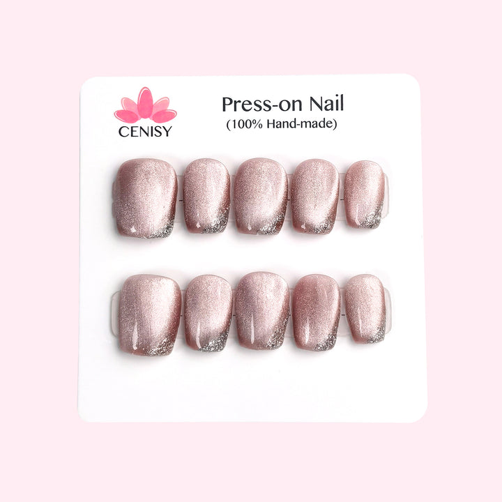 Light Pink With Silver Cat Eye Coffin Press on Nails Short ED-A9378