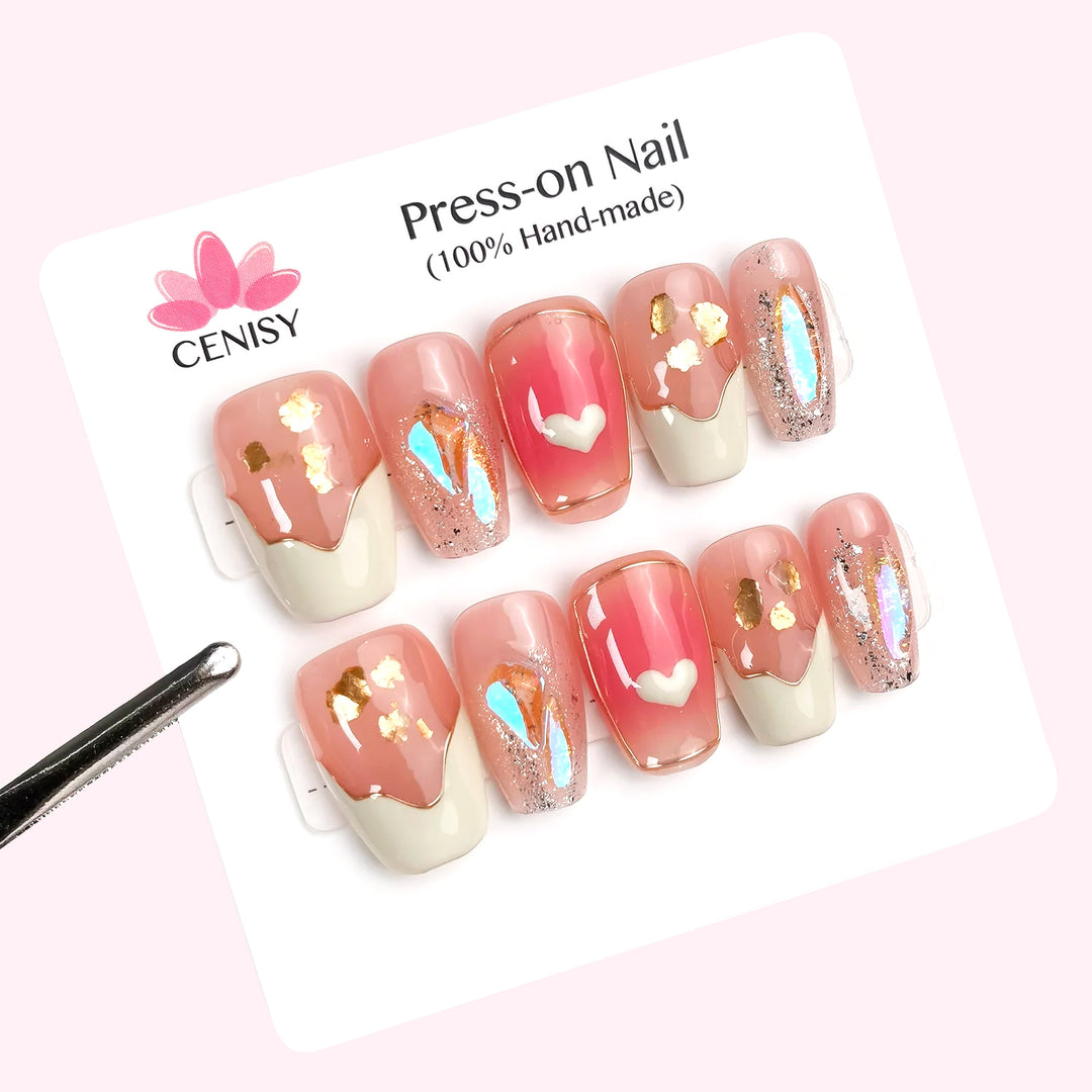 Pink With Aurora Stone French Tip Coffin Medium ED-A9402