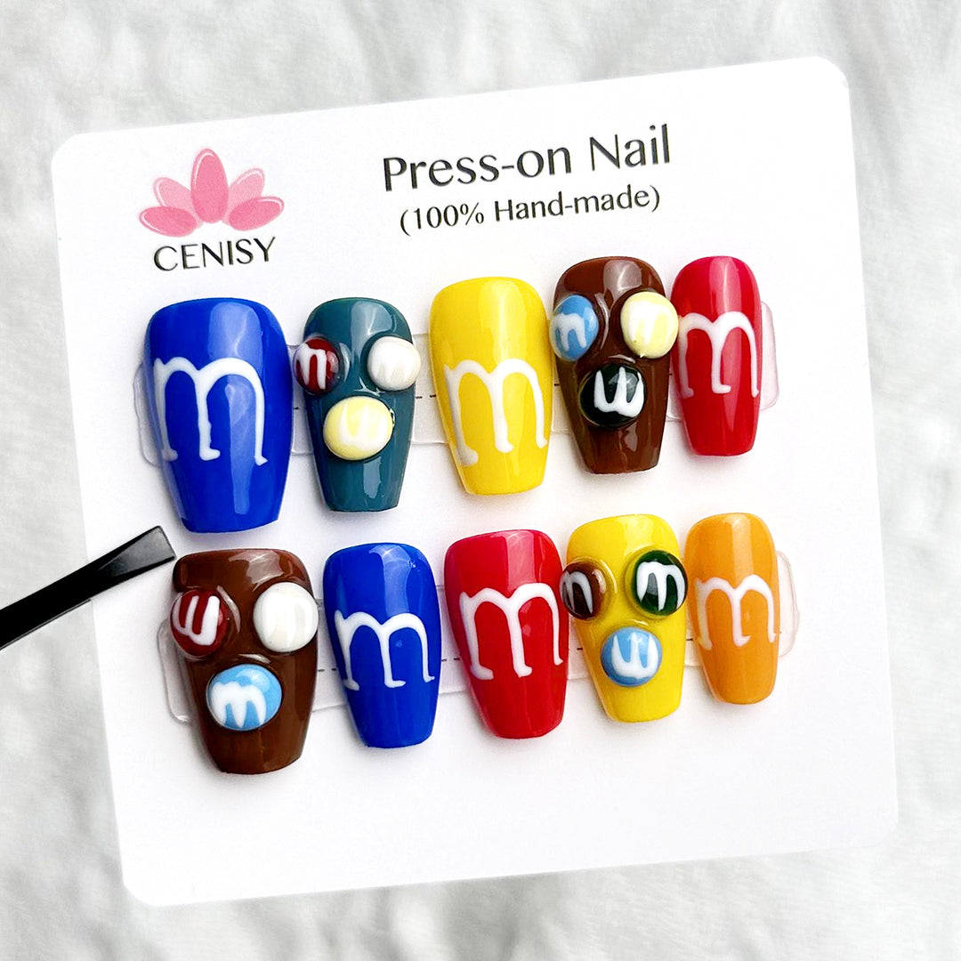 Hand-Drawn Rainbow Beans Coffin Medium Color Jumping Press on Nails Kit ED-A9478