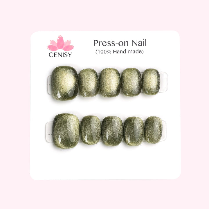 Olive Green Cat Eye Oval Press on Nails Short ED-A9481