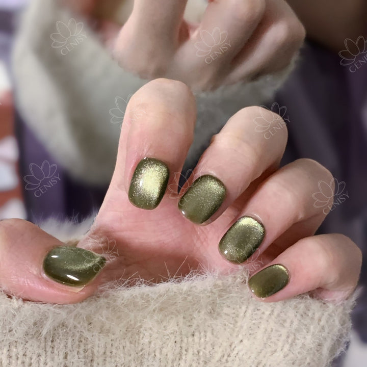 Olive Green Cat Eye Oval Press on Nails Short ED-A9481