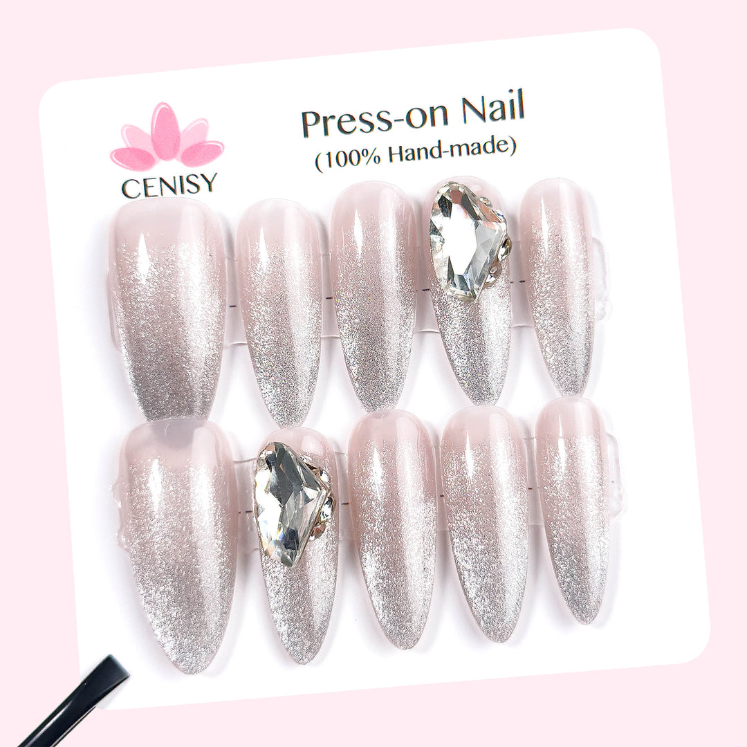 Pink Almond Long Translucent Cat Eye With Diamond Onlay Press on Nails ED-A9529
