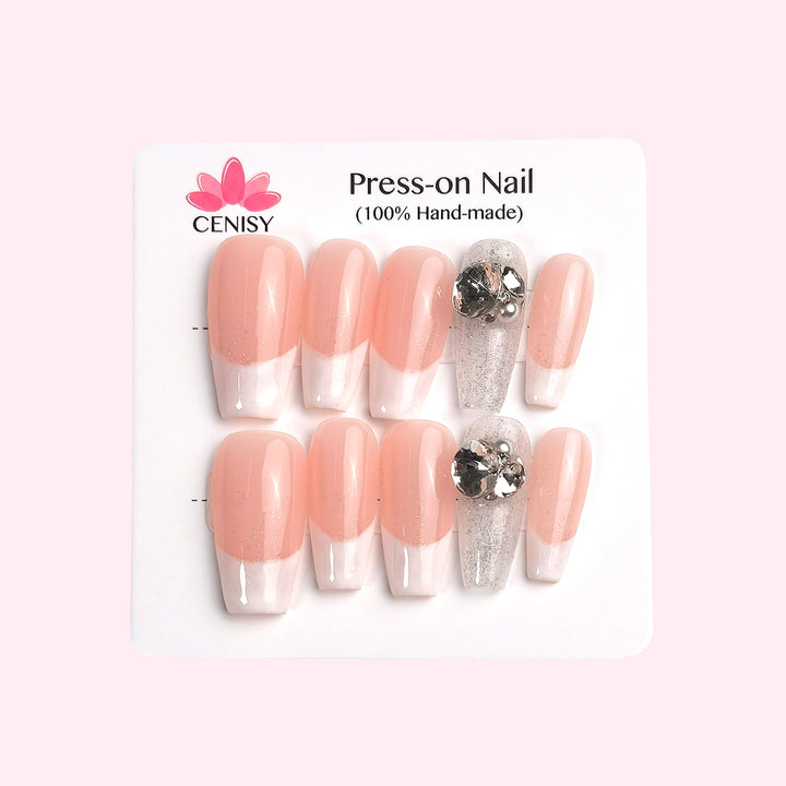 Pink Starry Sky With Diamonds French Tip Coffin Long ED-A9561