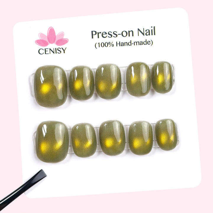 Bamboo Gold Oval Short Cat Eye Press on Nails ED-A9595