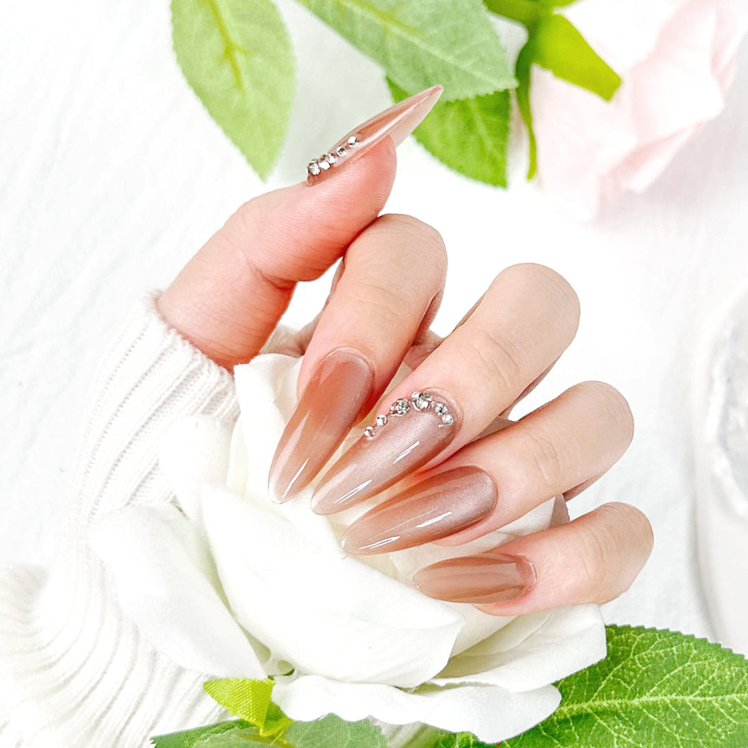 Pink Almond Long Translucent Cat Eye With Diamond Onlay Press on Nails ED-A9630