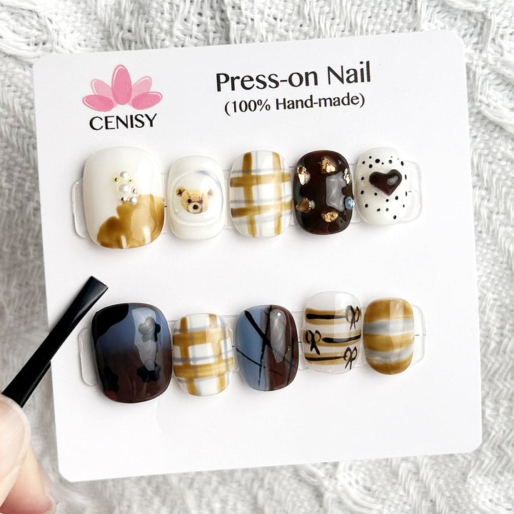 Hand Painted Grid With Bear Oval Short Color Jumping Nail Art Cute Press on Nails Kit ED-A9673