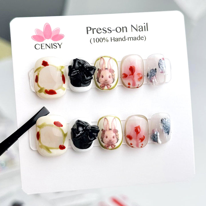Bunny & Butterfly Cute Oval Short Hand Painted Cute Press on Nails Kit ED-A9675