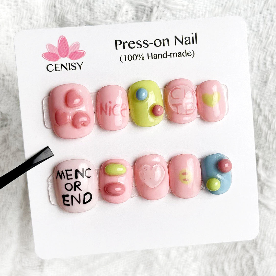 Pink Ice Cream Oval Short Hand Painted Color Jumping Cute Nail Art Press on Nails Kit ED-A9676