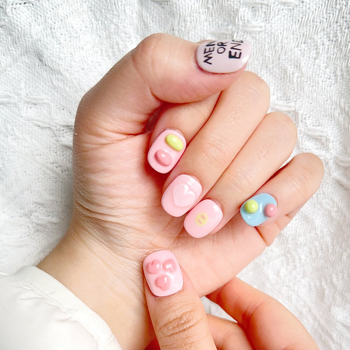 Pink Ice Cream Oval Short Hand Painted Color Jumping Cute Nail Art Press on Nails Kit ED-A9676
