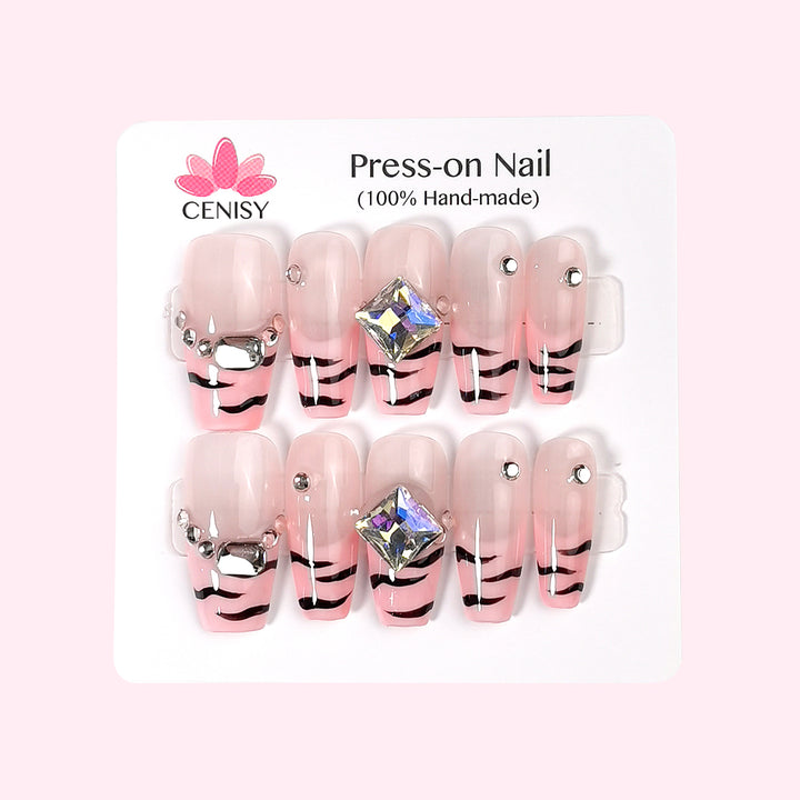 Pink Leopard With Diamonds French Tip Coffin Long ED-A976