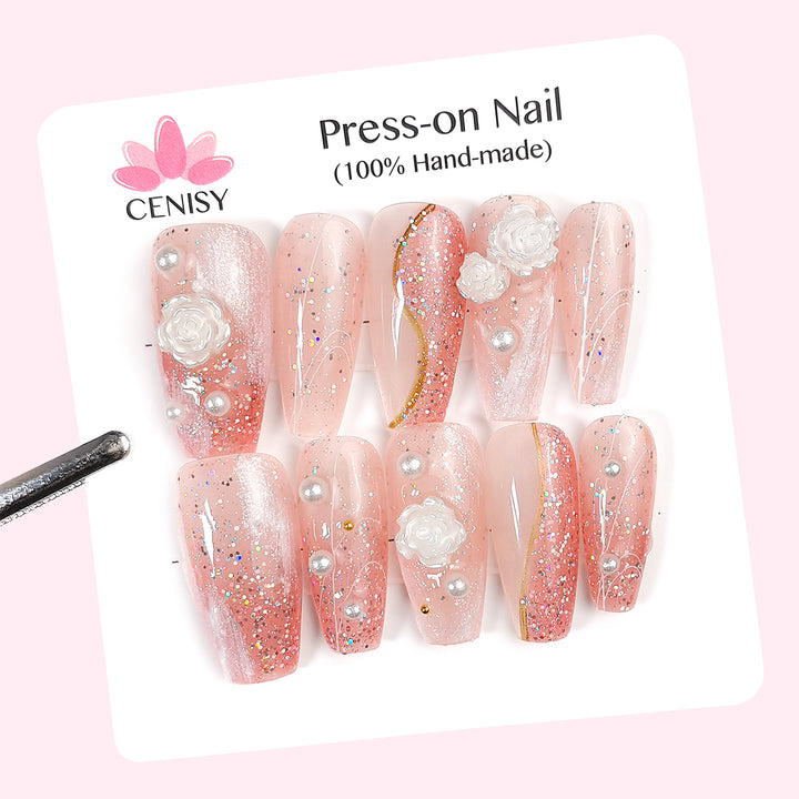 Peach Hand Painted With Camellia Onlay Coffin Long ED-A998
